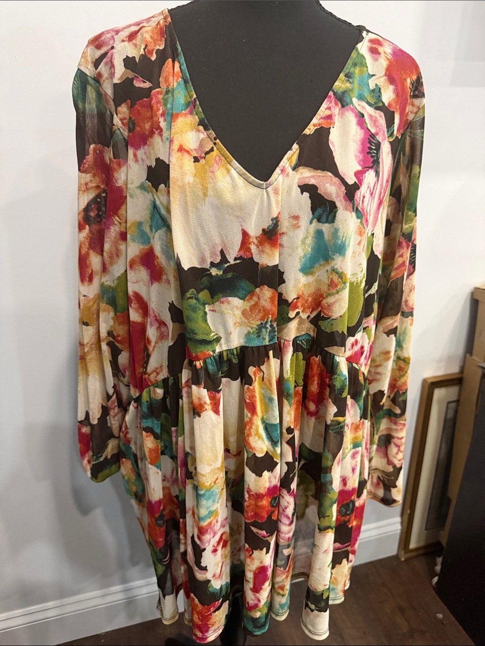 Sejour Multicolor Mesh Watercolor Floral V-Neck Tunic Dress